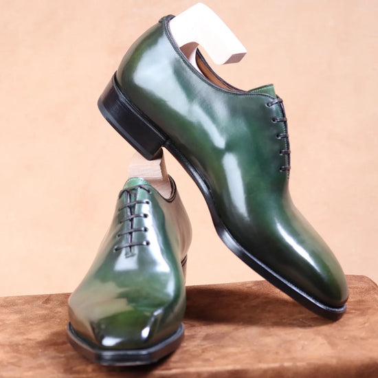 Green Leather Whole Cut Oxfords with Poined Toe - Formal Shoes