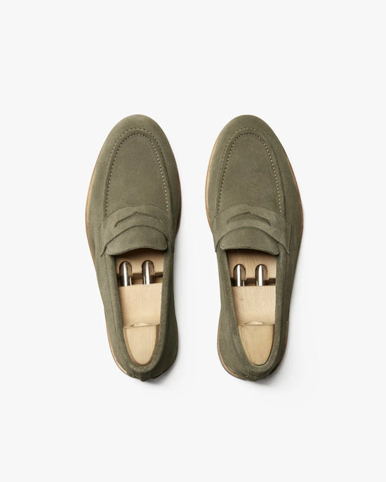 Green Suede Leather Universtone Penny Loafers - Loafers Shoes