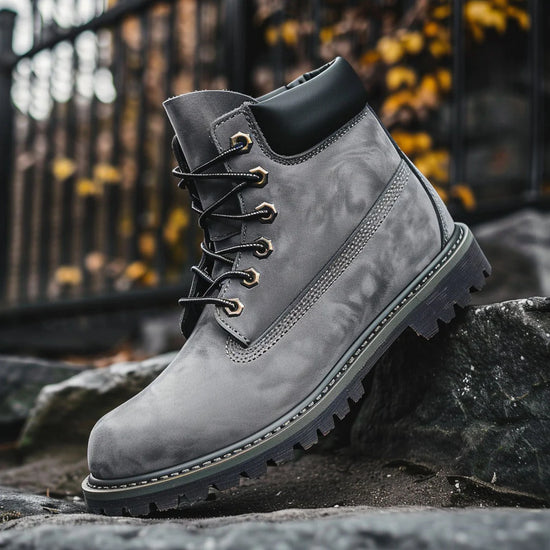 Grey Nubuck Leather Anima Ankle Rugged Lace Up Combat Hiking Boots with Chunky Track Sole - Boots
