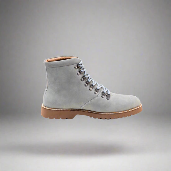 Grey Suede Leather Anima Ankle Rugged Lace Up Combat Hiking Boots with Chunky Track Sole - Boots