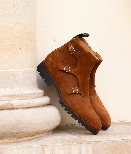Hazelnut Suede Calf Leather Boots Triple Monk strap Chelsea Boots Shoes With with Chunky Track Sole - Boots - Monk