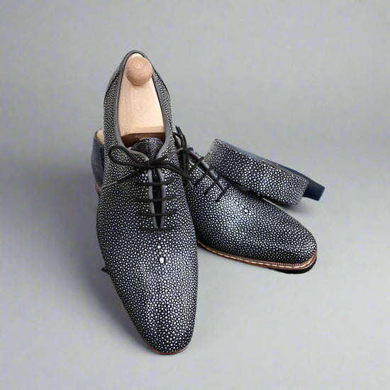 Luxury Edition - Authentic Real Stingray Skin Men's Luxury Black Party Dress Shoes Genuine Exotic Leather Handmade Male Lace-up GOODYEAR Oxfords - Formal Shoes