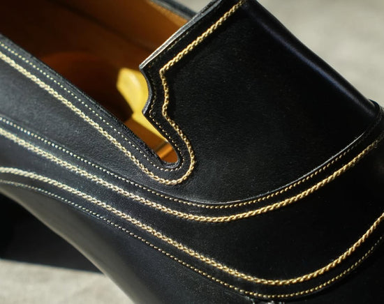 Luxury Edition - Black Italian Leather Ibiza Slip On Crossed Component Goodyear Welted Loafers With Special Metal Plate - Loafers