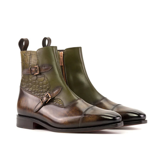Luxury Edition - Luxury Edition - Green Crocodile Print Italian Leather Campinas Slip On Zipper Boots With Brown Leather Patina - Alligator Print - Boots