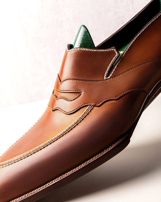 Luxury Edition - Tan Italian Leather Slip On Goodyear Welted Loafers With Special Metal Plate - Loafers