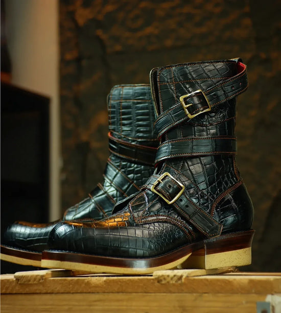 Black Croc Embossed Leather TANKER BOOTS - Boots