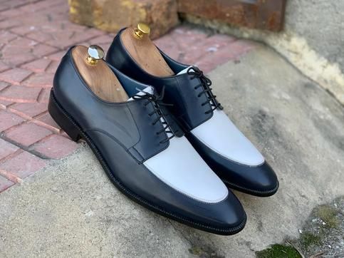 Men’s Handmade Two Tone Blue & White Leather Lace Up Fine Shoes - Formal Shoes