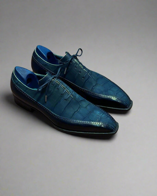 Men’s Two Tone Blue Alligator & Blue Leather Lace Up Fine Shoes - Formal Shoes