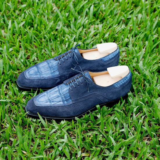 Men’s Two Tone Blue Alligator & Blue Suede Leather Lace Up Fine Shoes - Formal Shoes