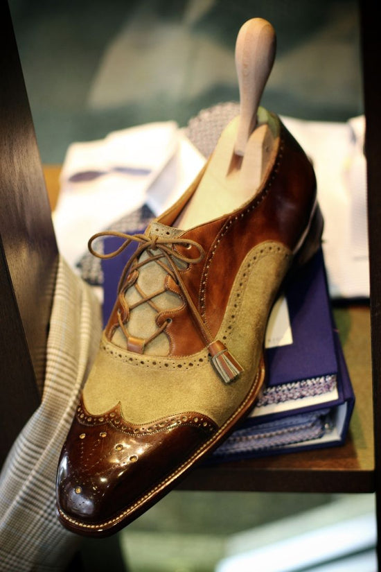 Men’s Two Tone Brown & Beige Suede Leather Lace Up Fine Shoes - Formal Shoes