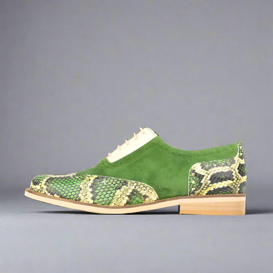 Men’s Two Tone Exotic Green Snack Leather & Green Suede Leather Lace Up Fine Shoes - Formal Shoes