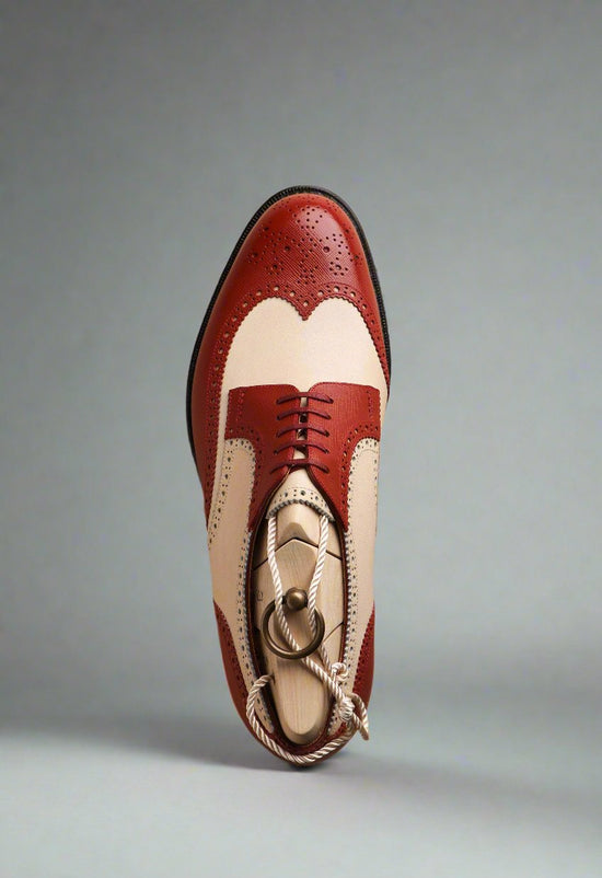 Men’s Wingtips in Wine Red and Beige Lux Leather - Formal shoes