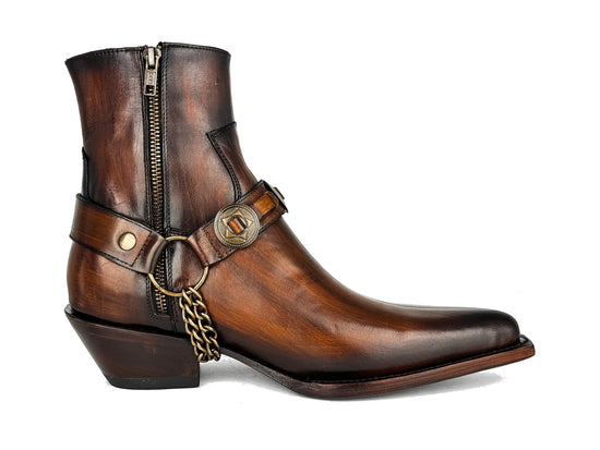 Brown Leather Slip On Cowboy Harness Chelsea With Zipper Pointed Boots - Boots
