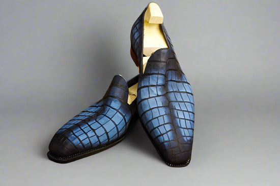 Navy Blue Croc Leather Penny Loafers Slip On Shoes - Loafers Shoes