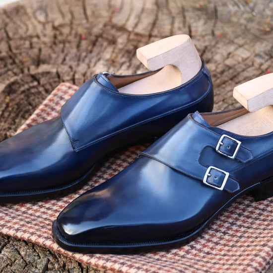 Navy Blue Leather Barcelos Monk Straps - Monk Shoes