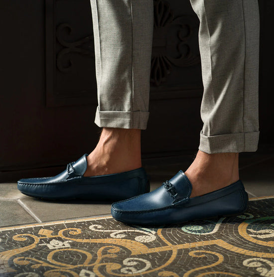 Navy Blue Leather Davos Driving Loafers - Loafers Shoes