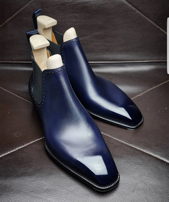 Navy Blue Leather Tarnovo Slip On Chelsea Boots - Boots