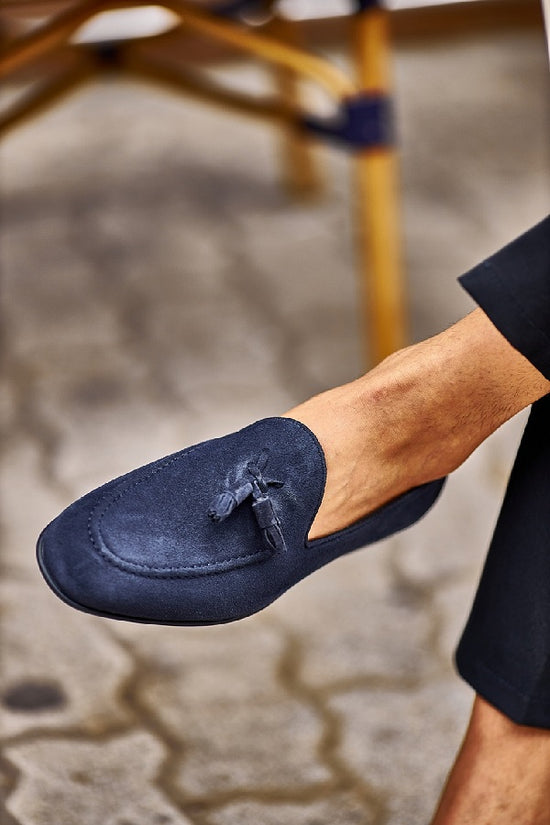 Navy Blue Suede Leather Penny Tassel Loafers - Loafer Shoes