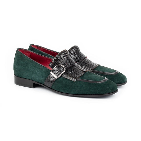 Olive Italian Suede Leather Lysandra Tassel Loafers With Monk Strap - Loafers Shoes