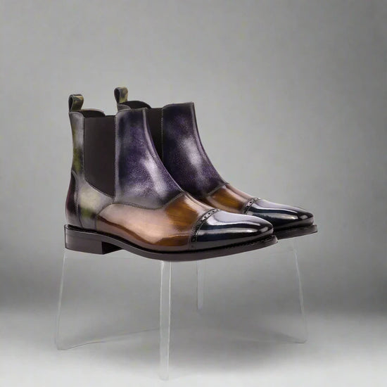 Patina Toe Cap Leather Slip-On Chelsea Boots Leather Sole - Boots