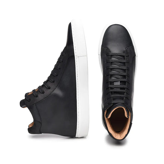 Premium Black Leather High Top Lace Up Sneakers with White Sole - Sneaker Shoes