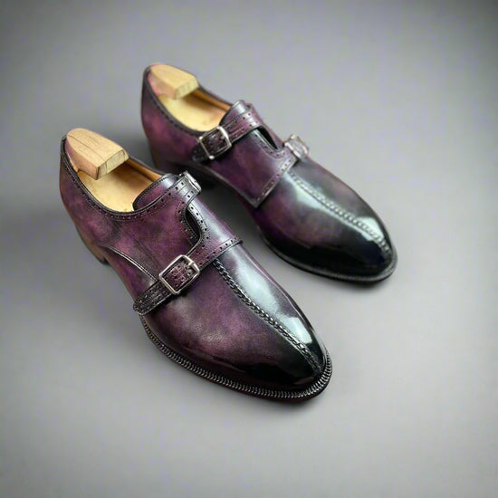 Purple Leather Queanbe Round Toe Double Monk Strap Formal Shoes - Monk Shoes - Formal Shoes