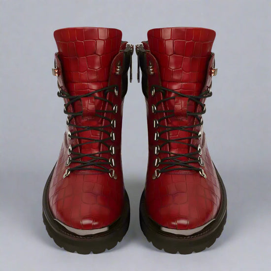 RED CROC LEATHER LACE UP BOOTS WITH METAL PLATES - CHELSEA BOOTS