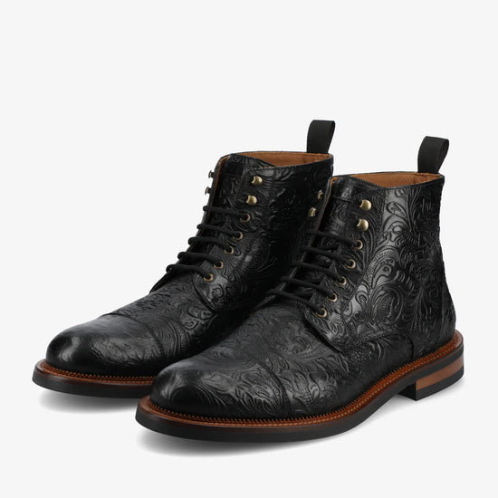 Black Leather Embossed Toe Cap Lace Up Boots Flooral Edition - Boots