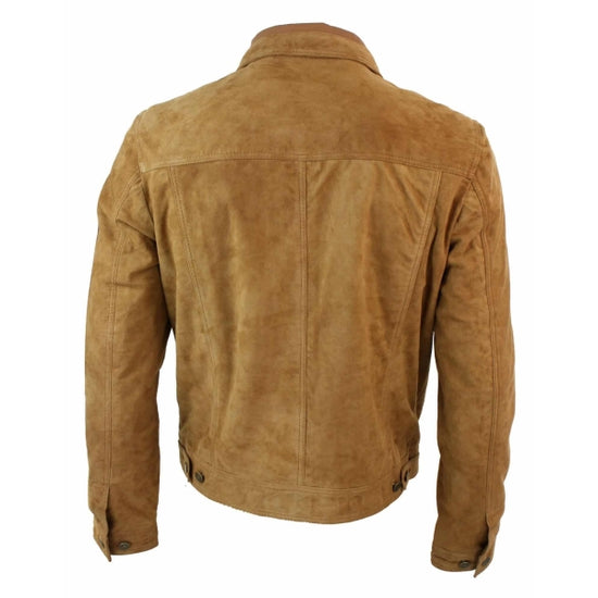 Real Suede Leather Mens Vintage Short Denim Style Retro Jean Jacket Casual – Brown Color - Leather Jackets