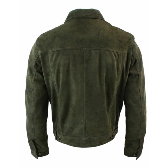 Real Suede Leather Mens Vintage Short Denim Style Retro Jean Jacket Casual – Olive Color - Leather Jackets