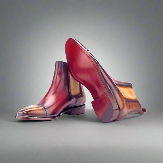 Red And Brown Patina Toe Cap Leather Slip-On Chelsea Boots Leather Sole - Boots