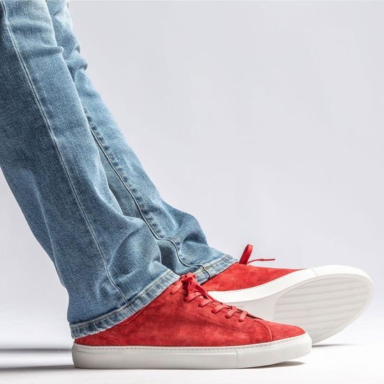 Red Italian Suede Leather Low Top Lace Up Sneakers with White Sole - Sneaker Shoes