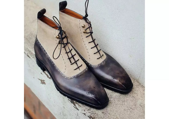 Purple Leather Patina and Cream Suede Orvieto Lace Up Brogue Oxford Boots - Boots