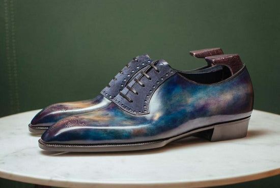 Luxury Addition - Blue Leather And Suede Isolde Brogue Patina Finish Oxfords - Formal Shoes