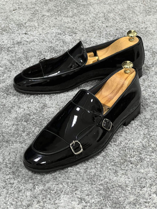 Shiny Patent Leather Black Monk Strap Loafers-Loafers Shoes