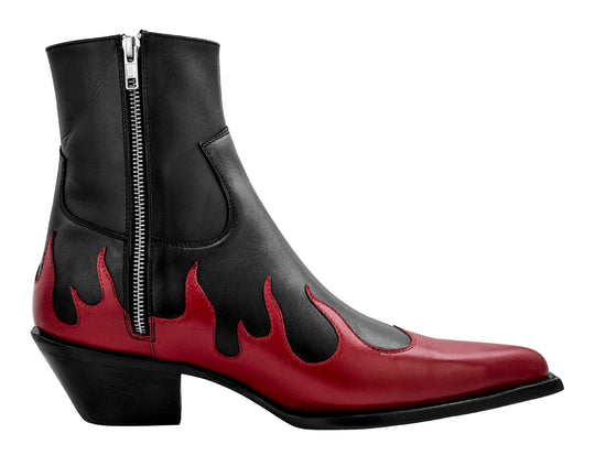 Black And Red Leather Slip On Flames Chelsea With Zipper Pointed Boots - Boots