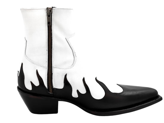 Black And White Leather Slip On Flames Chelsea With Zipper Pointed Boots - Boots