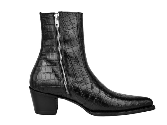 Black Croc Leather Slip On Chelsea With Zipper Pointed Boots - Boots