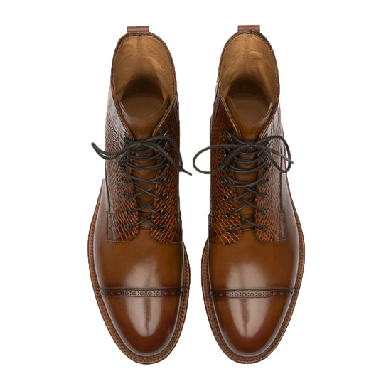 Tan Alligator Textured Leather Furzton Lace Up Boots - Boots