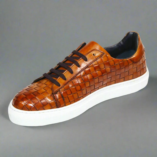 Tan Braided Leather Low Top Lace Up Sneakers With White Sole - Sneaker Shoes