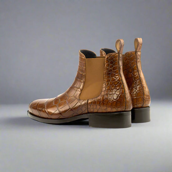 Tan Brown Croc Print Leather Amarante Slip On Boots - Boots