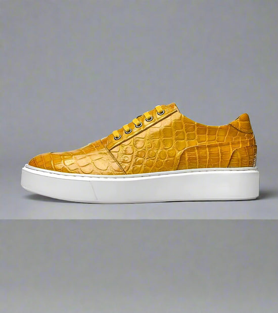 Tan Croc Print Leather Lace Up With White Sole Sneakers - Sneakers