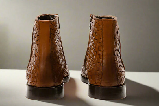 Tan Handwoven Leather Braided Men Boot with a Zipper - Boots