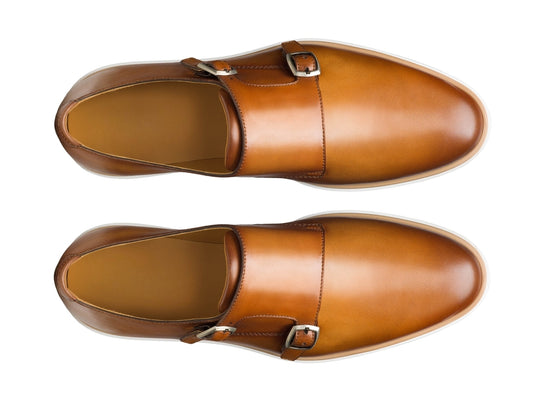 Tan Italian Suede Leather Double Monkstrap Shoes With Sneakers Sole - Leather Shoes