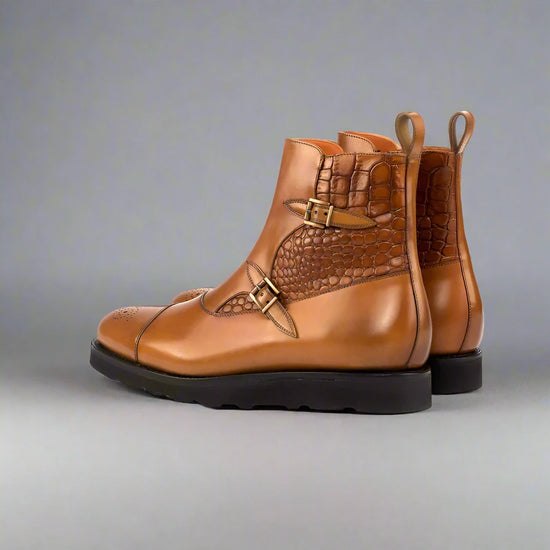 Tan Leather And Tan Crocodile Print Italian Leather Campinas Slip On Zipper Boots - Alligator Print - Boots