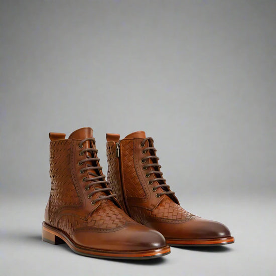 Tan Leather Braided Barletta Lace Up Brogue Wingtip Oxford Boots - Boots
