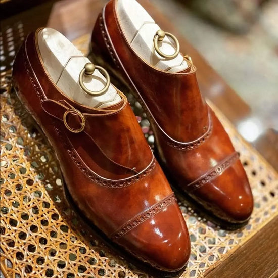 Tan Leather Caranavi Brogue Wingtip Toe Cap Monk Strap Shoes - Dress Shoes