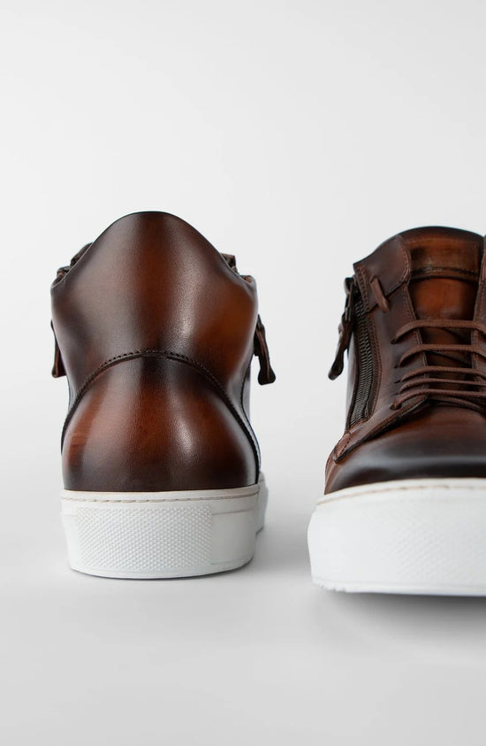Tan Leather High Top Lace Up Sneakers With Two Side Zip And White Sole - Sneaker Shoes