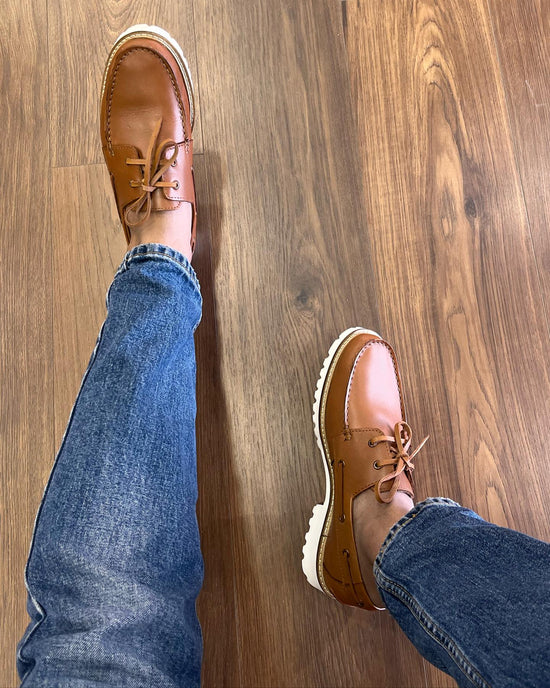 Tan Leather Hyperion Lace Up Chunky Boat Shoes with White Soles - Boat Shoes