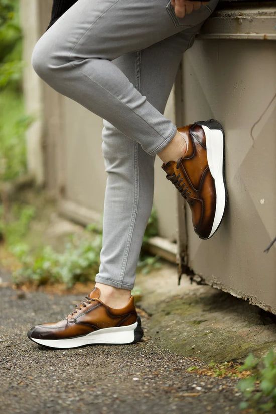 Tan Leather Labasa Lace Up Running Sneakers - Sneaker Shoes